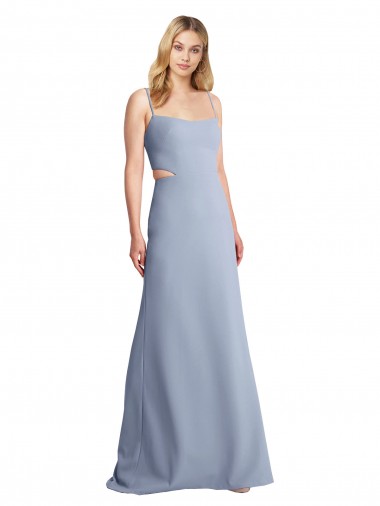 Affordable Sleeveless Scoop Neck Stretch Crepe Smoke Blue Long Prom Dress Canada