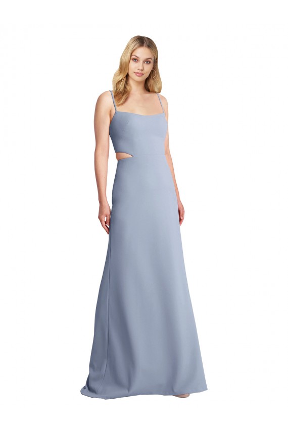 Affordable Sleeveless Scoop Neck Stretch Crepe Smoke Blue Long Prom Dress Canada
