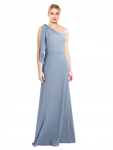 Affordable Flutter Sleeves One Shoulder Stretch Crepe Smoke Blue Long Prom Dress Canada