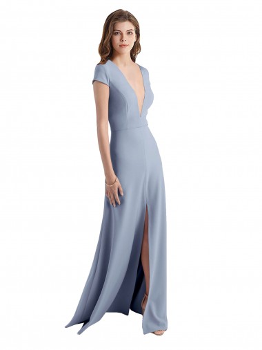 Affordable Cap Sleeves High Neck Stretch Crepe Smoke Blue Long Prom Dress Canada