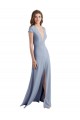 Affordable Cap Sleeves High Neck Stretch Crepe Smoke Blue Long Prom Dress Canada