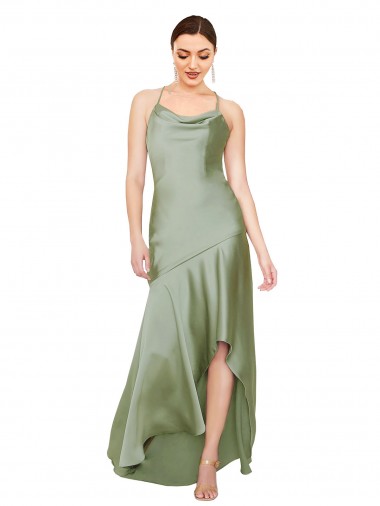 Affordable Sleeveless Cowl Neck Silky Satin Smoke Green Long High Low Prom Dress Canada