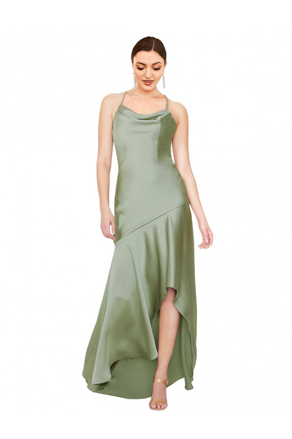 Affordable Sleeveless Cowl Neck Silky Satin Smoke Green Long High Low Prom Dress Canada