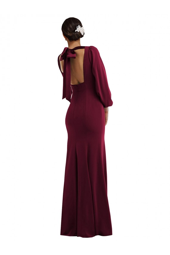 Affordable Long Sleeves Bateau Neck Stretch Crepe Burgundy Gold Long Prom Dress Canada