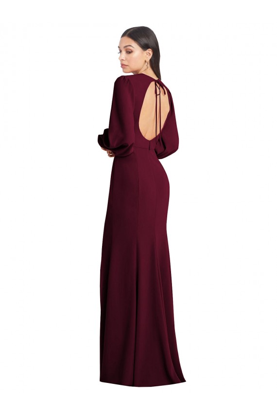 Affordable Puff Sleeves Bateau Neck Stretch Crepe Burgundy Gold Long Prom Dress Canada