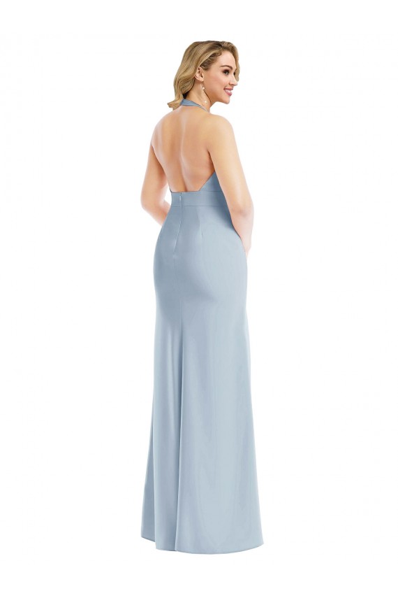 Affordable Sleeveless Halter Neck Stretch Crepe Light Sky Blue Long Open Back Evening Prom Dress Canada