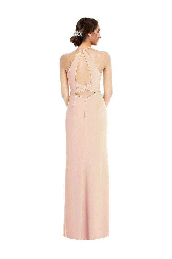 Affordable Sleeveless Halter Neck Stretch Crepe Nude Long Prom Dress Canada