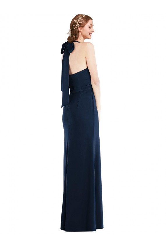 Affordable Sleeveless High Neck Stretch Crepe Dark Navy Long Prom Dress Canada