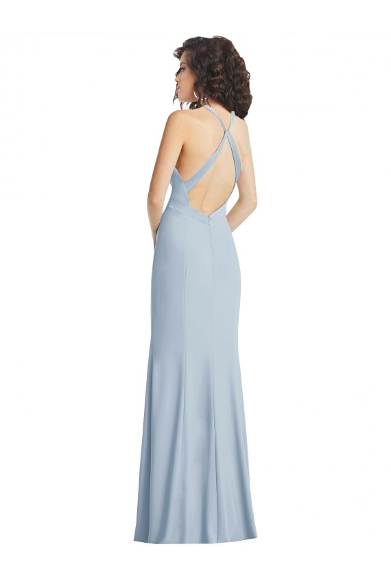 Affordable Sleeveless Halter Neck Stretch Crepe Light Sky Blue Long Criss Cross Back Prom Dress Canada