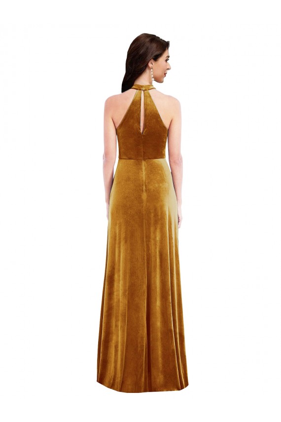 Affordable Sleeveless Halter Neck Stretch Velvet Gold Long Keyhole Back Prom Dress Canada