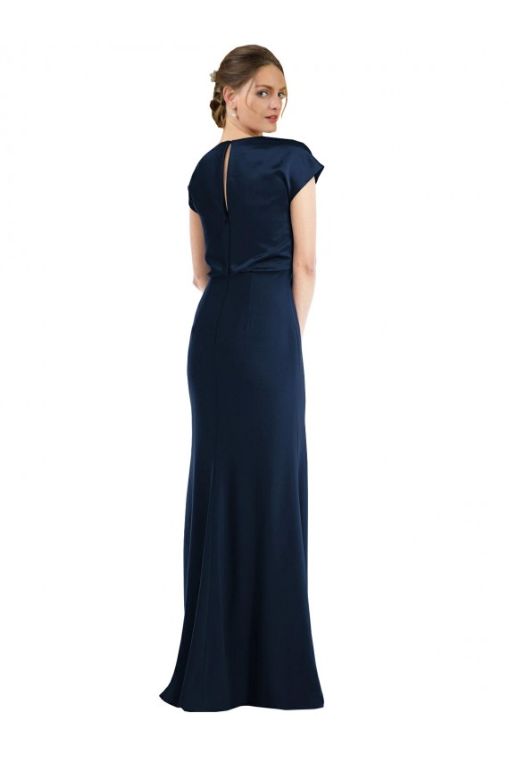 Affordable Cap Sleeves Off the Shoulder Stretch Crepe Dark Navy Long Prom Dress Canada