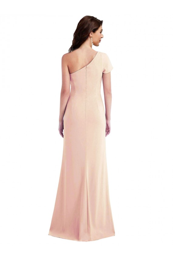 Affordable Cap Sleeves One Shoulder Stretch Crepe Nude Long Prom Dress Canada