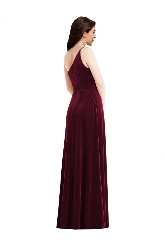 Affordable Sleeveless One Shoulder Stretch Velvet Burgundy Long Black Tie Prom Dress Canada