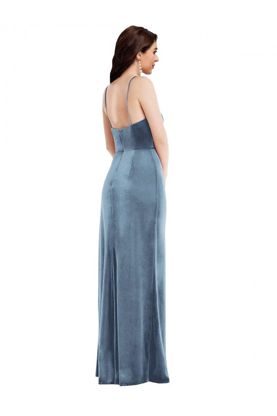 Affordable Sleeveless Spaghetti Straps Stretch Velvet Dusty Blue Long Low Back Prom Dress Canada