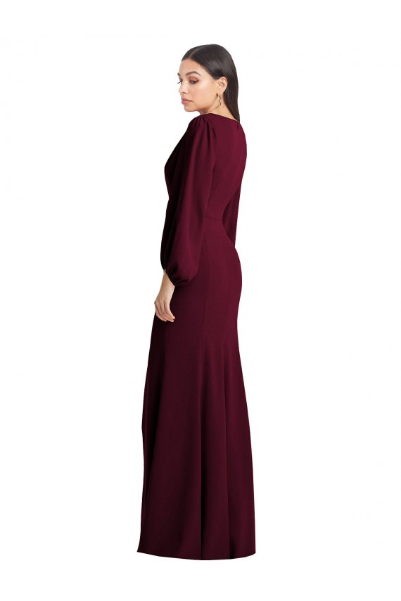 Affordable Puff Sleeves V-Neck Stretch Crepe Burgundy Gold Long Prom Dress Canada