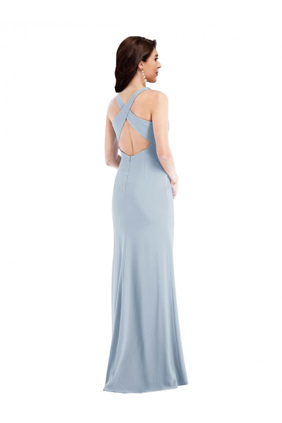 Affordable Sleeveless V-Neck Stretch Crepe Light Sky Blue Long Criss Cross Back Prom Dress Canada