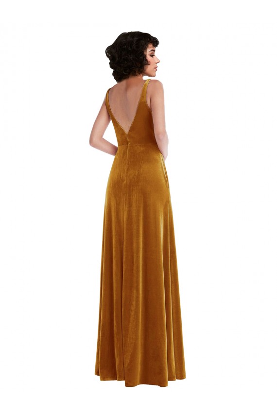 Affordable Sleeveless V-Neck Stretch Velvet Gold Long Prom Dress Canada